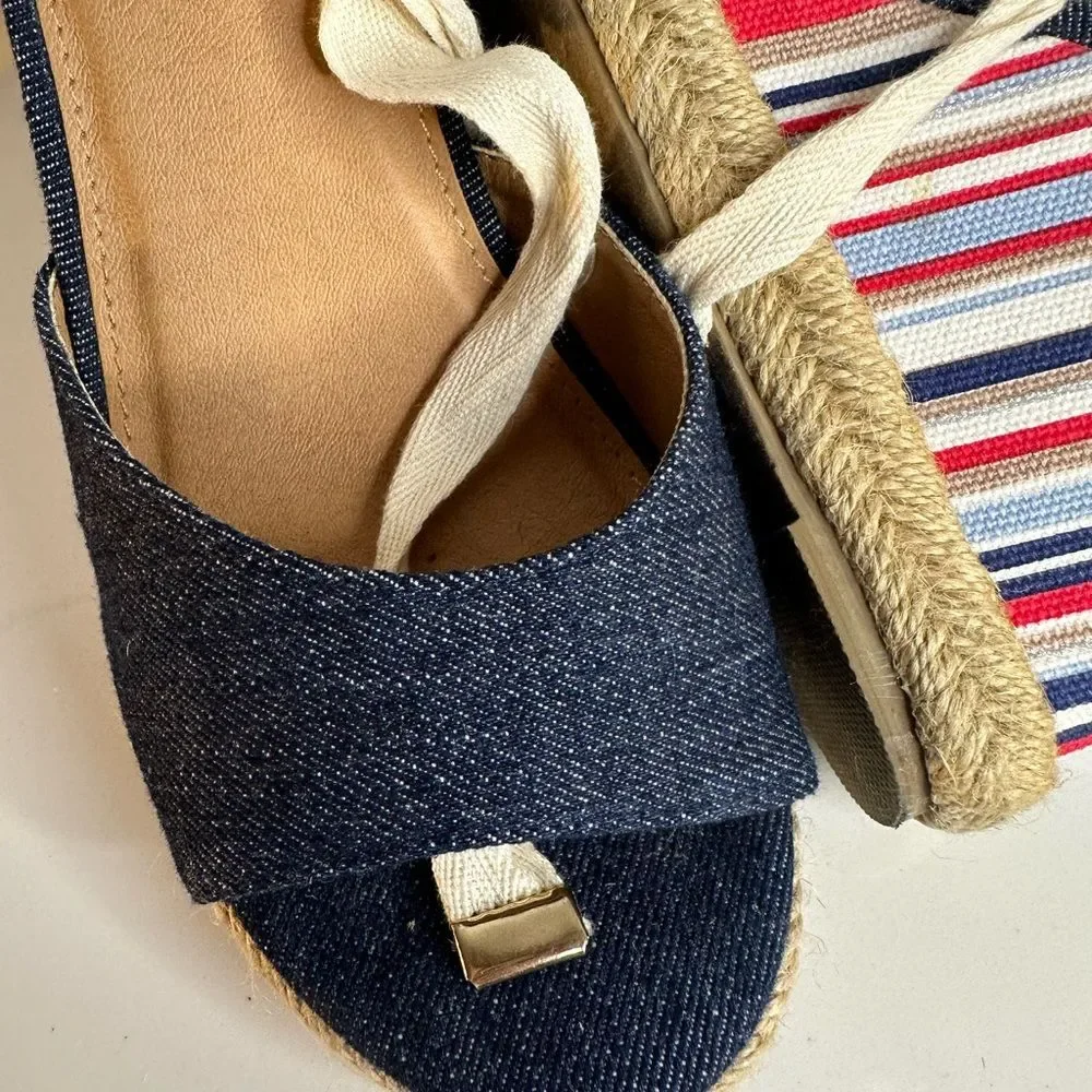 Charming Charlie Denim Espadrille Red/Blue/white Striped Wedge Sandals Size 9